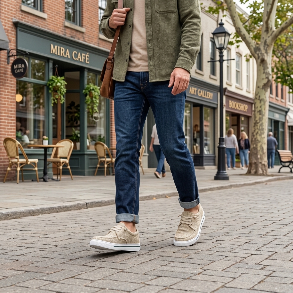 Person walking on a cobblestone street wearing natural beige organic hemp lace-up shoes with dark blue jeans, an olive shirt and a brown shoulder bag.