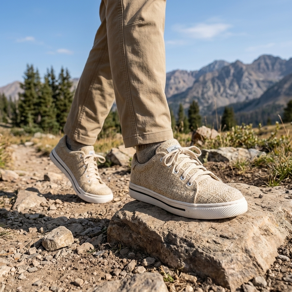 Person wearing natural beige textured organic hemp lace-up shoes with white natural rubber soles and khaki pants on a rocky mountain trail.


