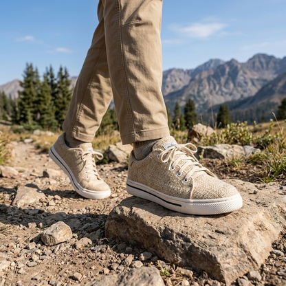 Person wearing natural beige textured organic hemp lace-up shoes with white natural rubber soles and khaki pants on a rocky mountain trail.

