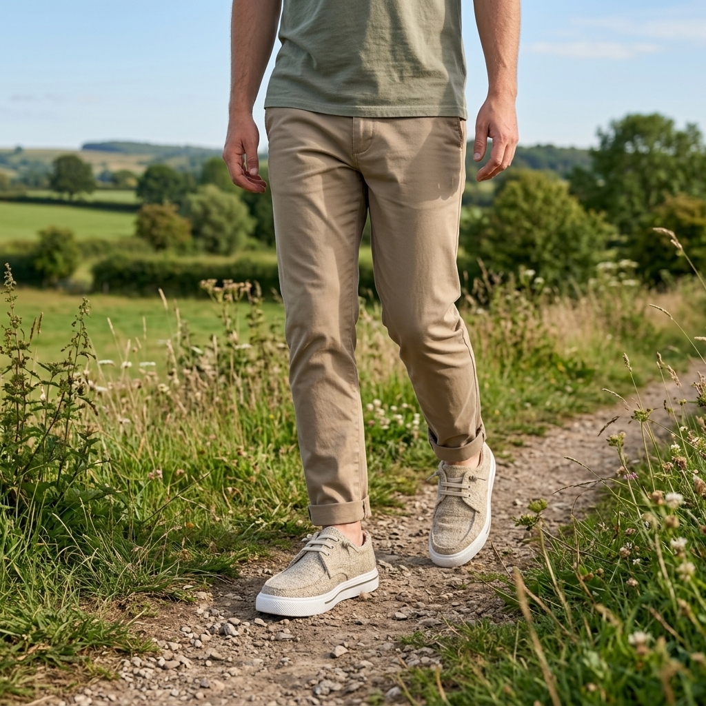 Person walking on a dirt path wearing natural beige organic hemp slip-on shoes with beige chinos in a grassy field.

