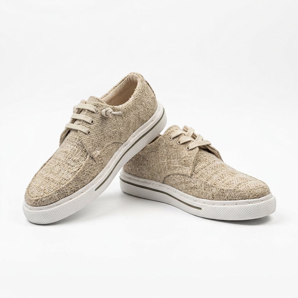 Pair of natural beige organic hemp canvas lace-up shoes with a textured woven upper and white natural rubber soles on a clean white background.


