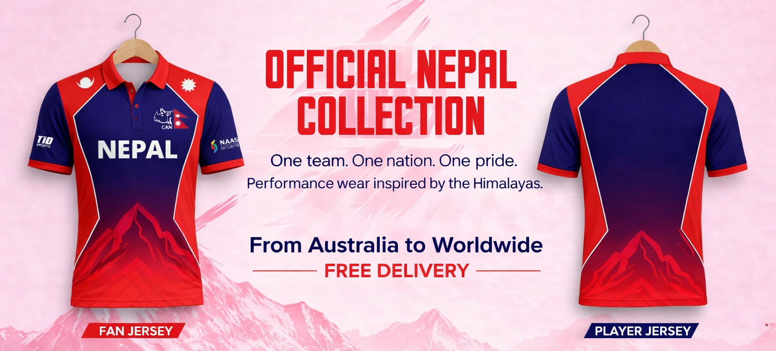Nepal sports jersey with front and back views on a pink background with mountain design.