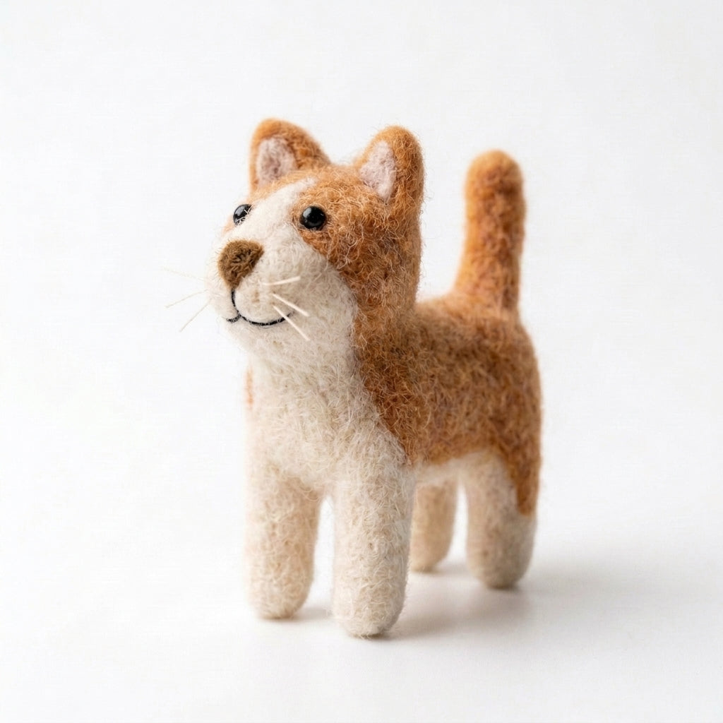 A handcrafted felt needle art cat figurine in brown and cream, standing on a seamless white background.