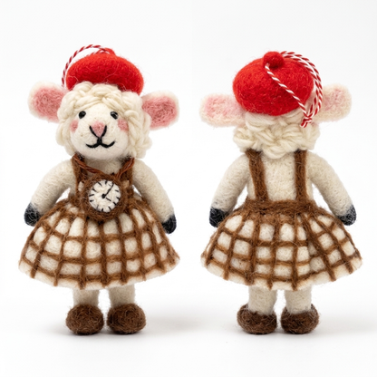 Front and back views of the Parisian Timekeeper Sheep handmade Christmas ornament on a white background, featuring a red hat, cotton hanging loop, cream wool body, pink ears, brown apron, plaid skirt and clock detail.