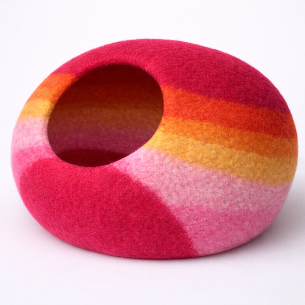 Colorful striped cat bed on a white background