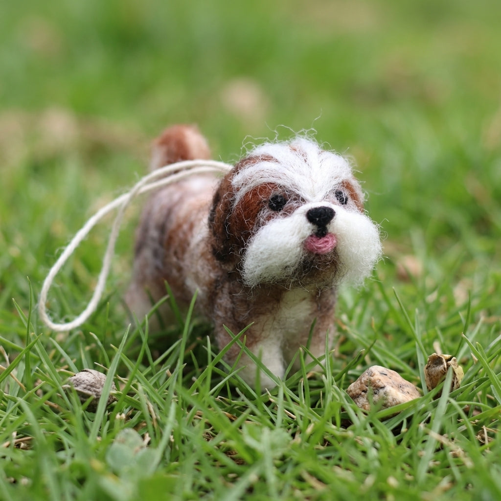 Handmade wool felt Shih Tzu dog ornament with hanging thread on a grassy field