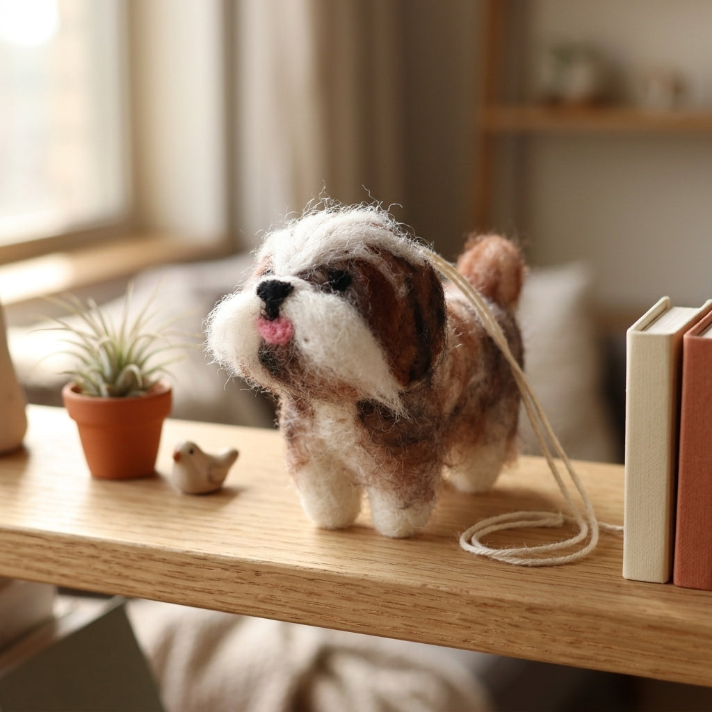 Handmade wool felt Shih Tzu dog ornament with hanging thread on a wooden surface with a cozy indoor background