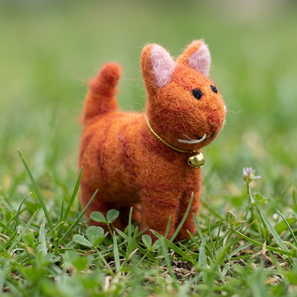 Handgefertigter Filzanhänger in Form einer orangefarbenen Tabby-Katze mit Glöckchen