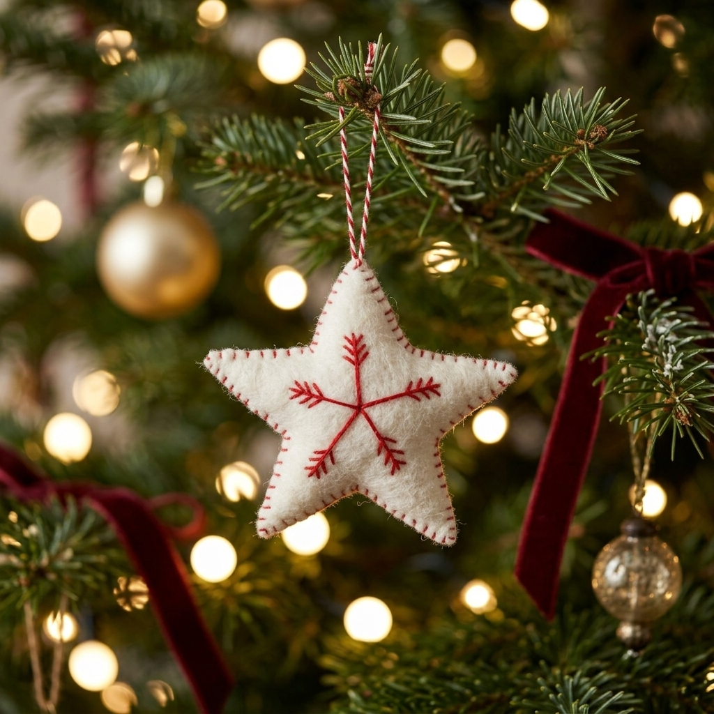 White Star with Red Snowflake Wool Felt Ornament – Handmade & Shatterproof