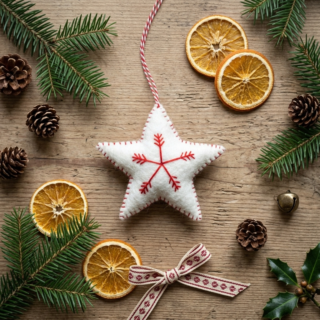 White Star with Red Snowflake Wool Felt Ornament – Handmade & Shatterproof