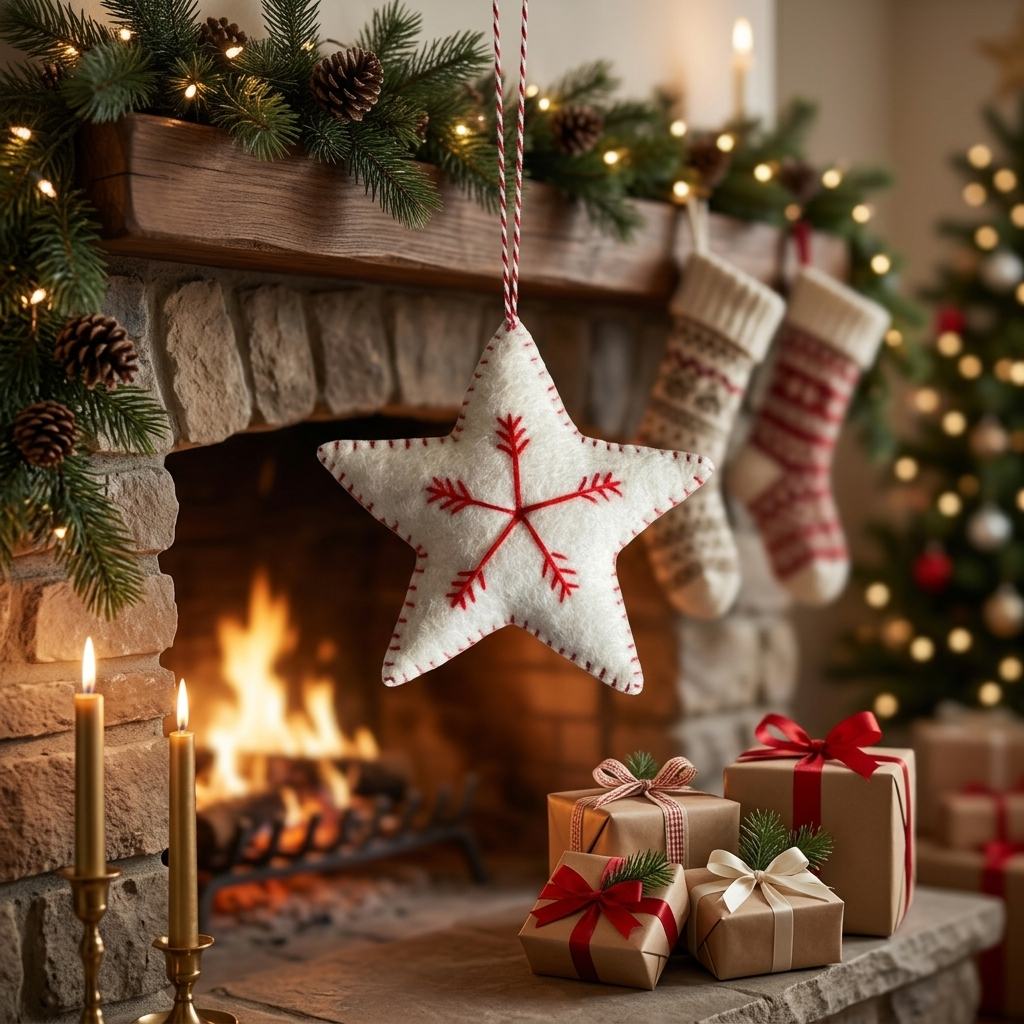White Star with Red Snowflake Wool Felt Ornament – Handmade & Shatterproof