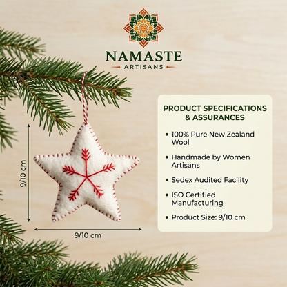 White Star with Red Snowflake Wool Felt Ornament – Handmade & Shatterproof