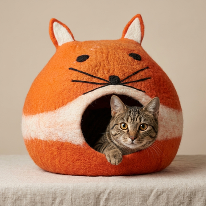 Namaste Artisans Handmade Wool Felt Cat Cave - Orange Fox Design