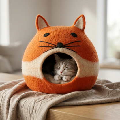 Namaste Artisans Handmade Wool Felt Cat Cave - Orange Fox Design