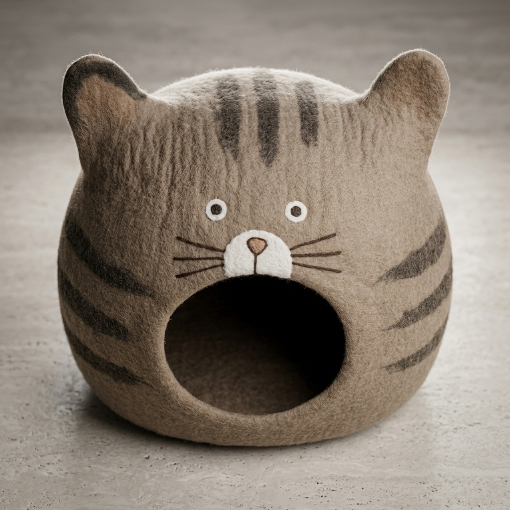 Namaste Artisans Handmade Wool Felt Cat Cave - Tan Tabby Cat Design
