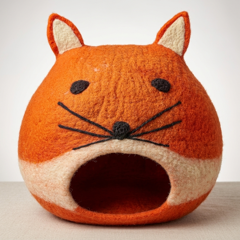 Namaste Artisans Handmade Wool Felt Cat Cave - Orange Fox Design