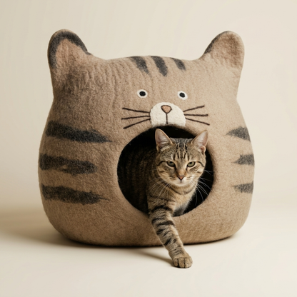 Namaste Artisans Handmade Wool Felt Cat Cave - Tan Tabby Cat Design