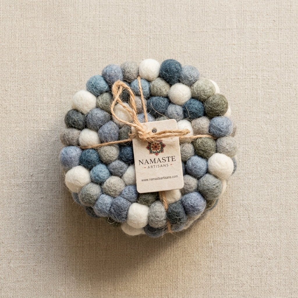 Handmade Wool Felt Ball Coasters – Neutral Grey & Sage (10 cm)