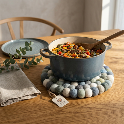 Handmade Wool Felt Ball Trivet | Neutral Grey & Sage | Multi-Shape Table Protection