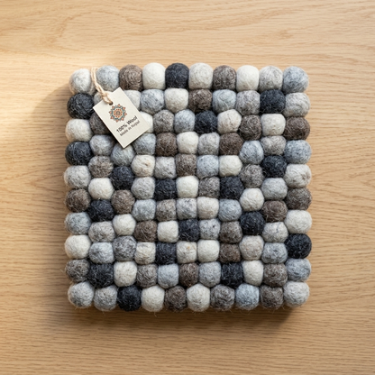 Handmade Wool Felt Ball Trivet | Charcoal, Grey & Cream | Multi-Shape Table Protection