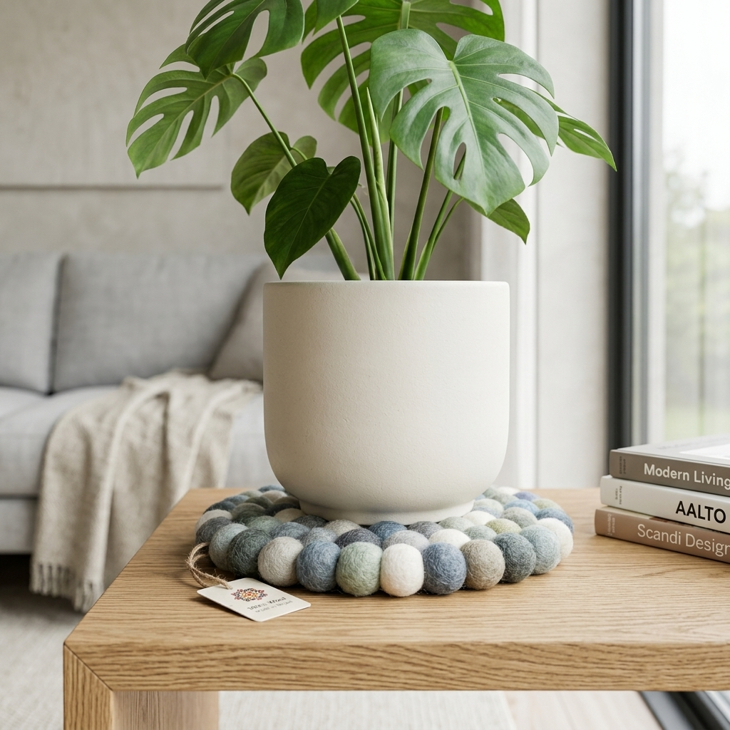 Handmade Wool Felt Ball Trivet | Neutral Grey & Sage | Multi-Shape Table Protection