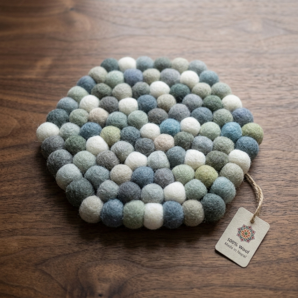 Handmade Wool Felt Ball Trivet | Neutral Grey & Sage | Multi-Shape Table Protection