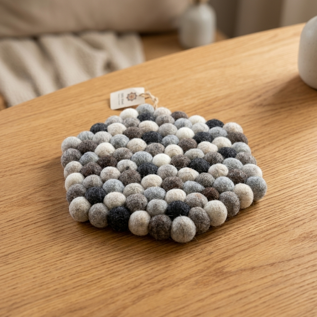 Handmade Wool Felt Ball Trivet | Charcoal, Grey & Cream | Multi-Shape Table Protection