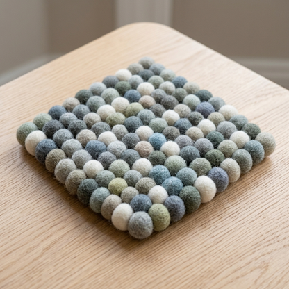 Handmade Wool Felt Ball Trivet | Neutral Grey & Sage | Multi-Shape Table Protection
