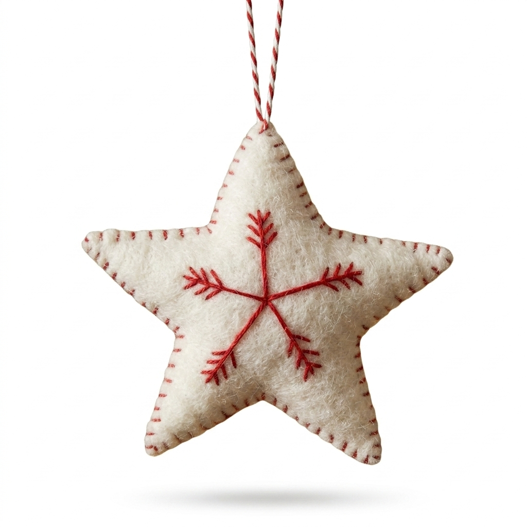 White Star with Red Snowflake Wool Felt Ornament – Handmade & Shatterproof