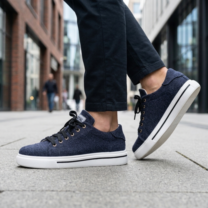 A pair of dark navy organic hemp canvas lace-up shoes with black laces, gold eyelets and white natural rubber soles on a clean white background.

