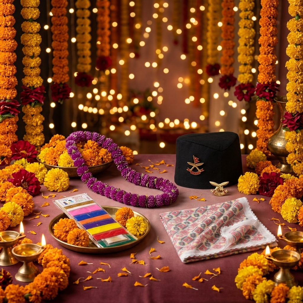 Tihar essentials styled with festive flowers and warm diya light