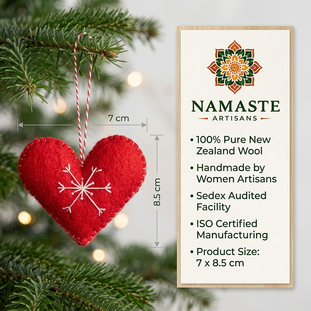 Namaste Artisans Red Heart with White Snowflake Wool Felt Ornament – Handmade & Shatterproof