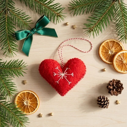 Red Heart with White Snowflake Wool Felt Ornament – Handmade & Shatterproof