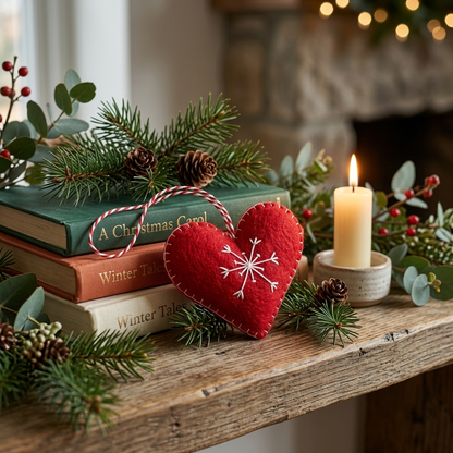 Red Heart with White Snowflake Wool Felt Ornament – Handmade & Shatterproof