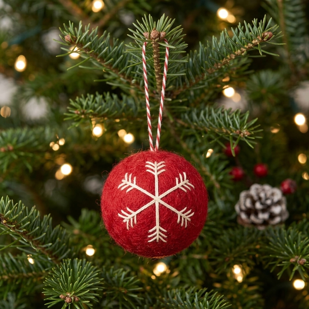 A red 100% pure New Zealand wool felt Christmas bauble with a cream embroidered snowflake, hanging by a red-and-white cotton loop on a decorated tree.


