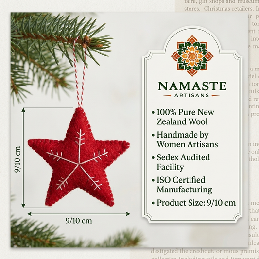 Namaste Artisans Roter Stern mit weißer Schneeflocke Filz-Ornament – Handgefertigt & Bruchsicher