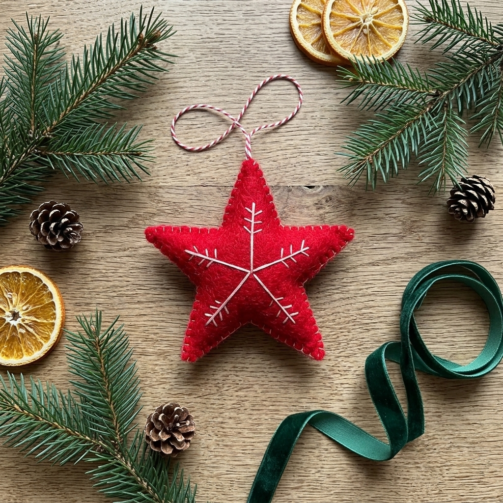Namaste Artisans Red Star with White Snowflake Wool Felt Ornament – Handmade & Shatterproof