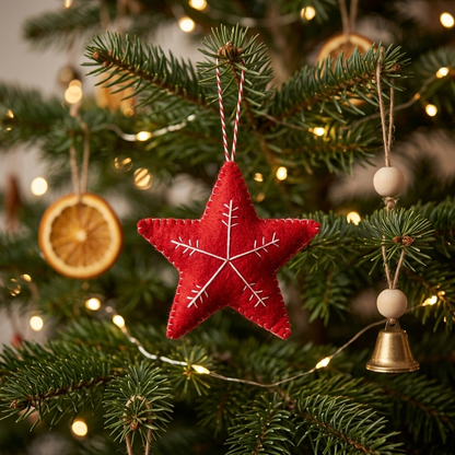 Red Star with White Snowflake Wool Felt Ornament – Handmade & Shatterproof