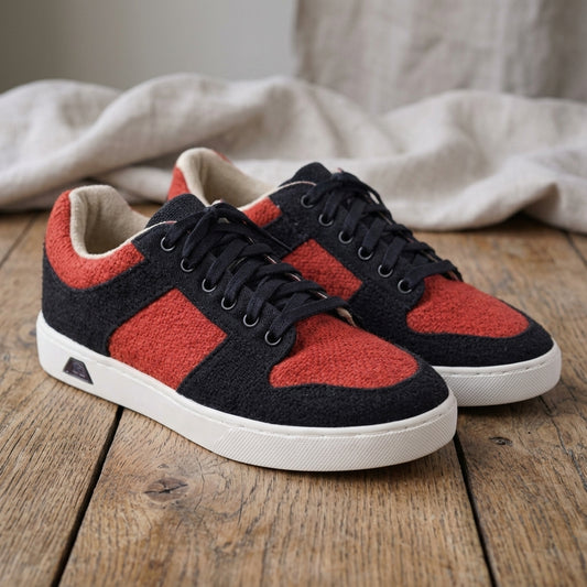 Black and red pure hemp sneakers with white rubber sole, eco friendly and boidegradable
