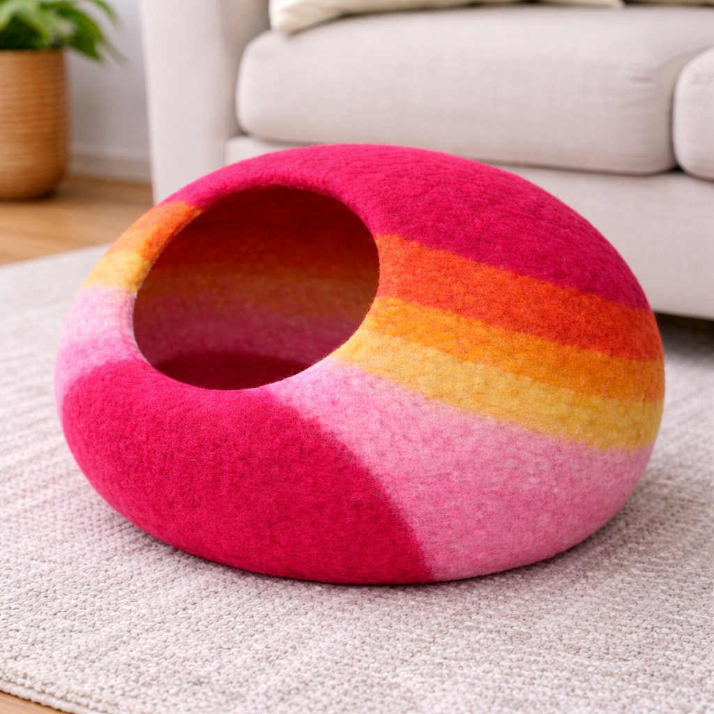 Colorful pet bed with pink, orange, and yellow gradient on a carpeted floor.