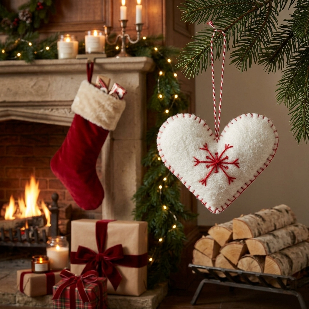 White Heart with Red Snowflake Wool Felt Ornament – Handmade & Shatterproof