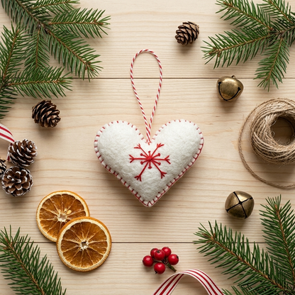 White Heart with Red Snowflake Wool Felt Ornament – Handmade & Shatterproof