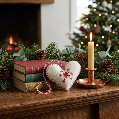 White Heart with Red Snowflake Wool Felt Ornament – Handmade & Shatterproof