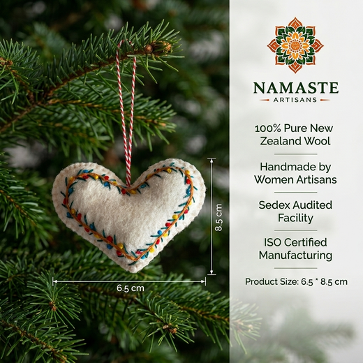 Namaste Artisans Embroidered Heart Wool Felt Christmas Ornament – Handmade & Shatterproof