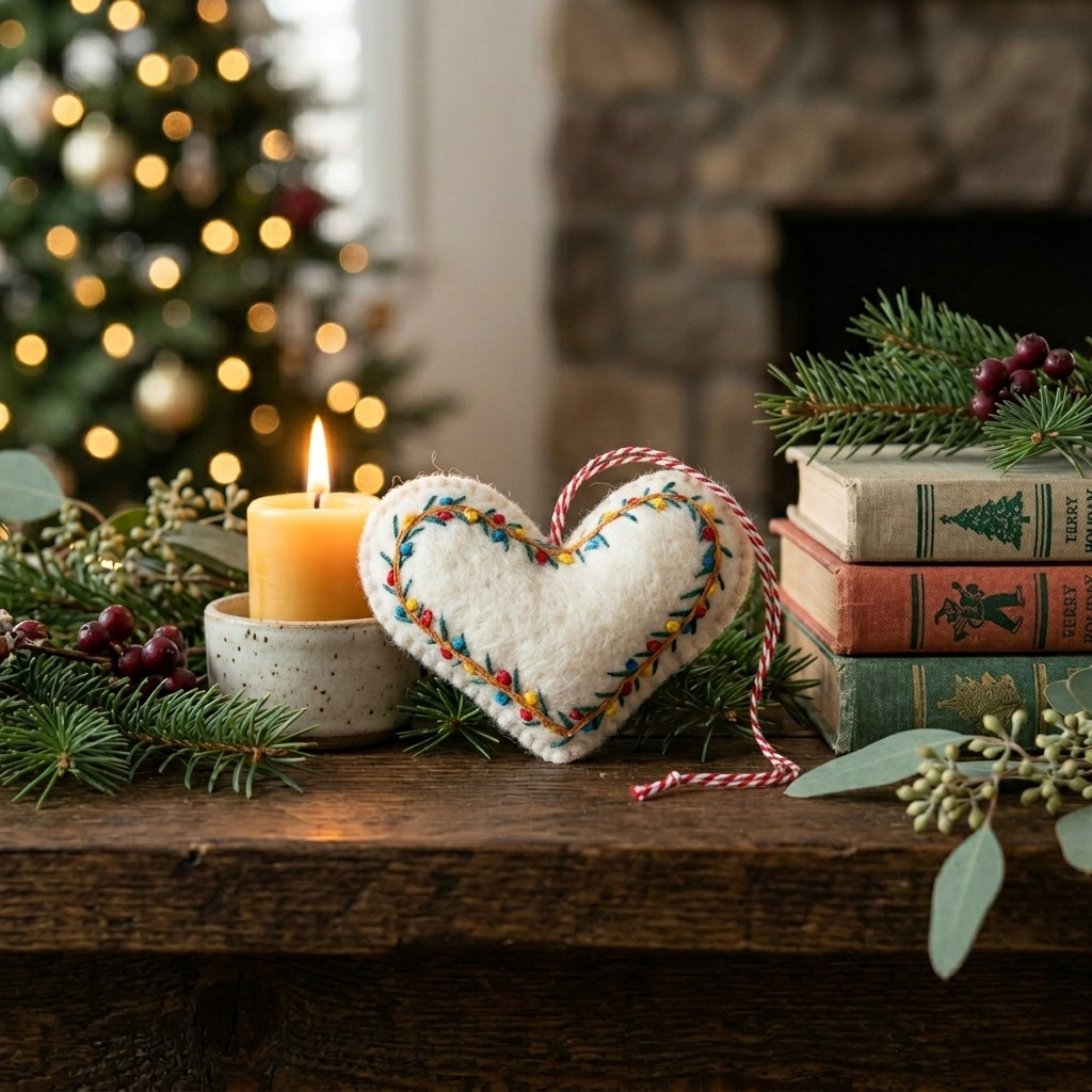 Namaste Artisans Embroidered Heart Wool Felt Christmas Ornament – Handmade & Shatterproof