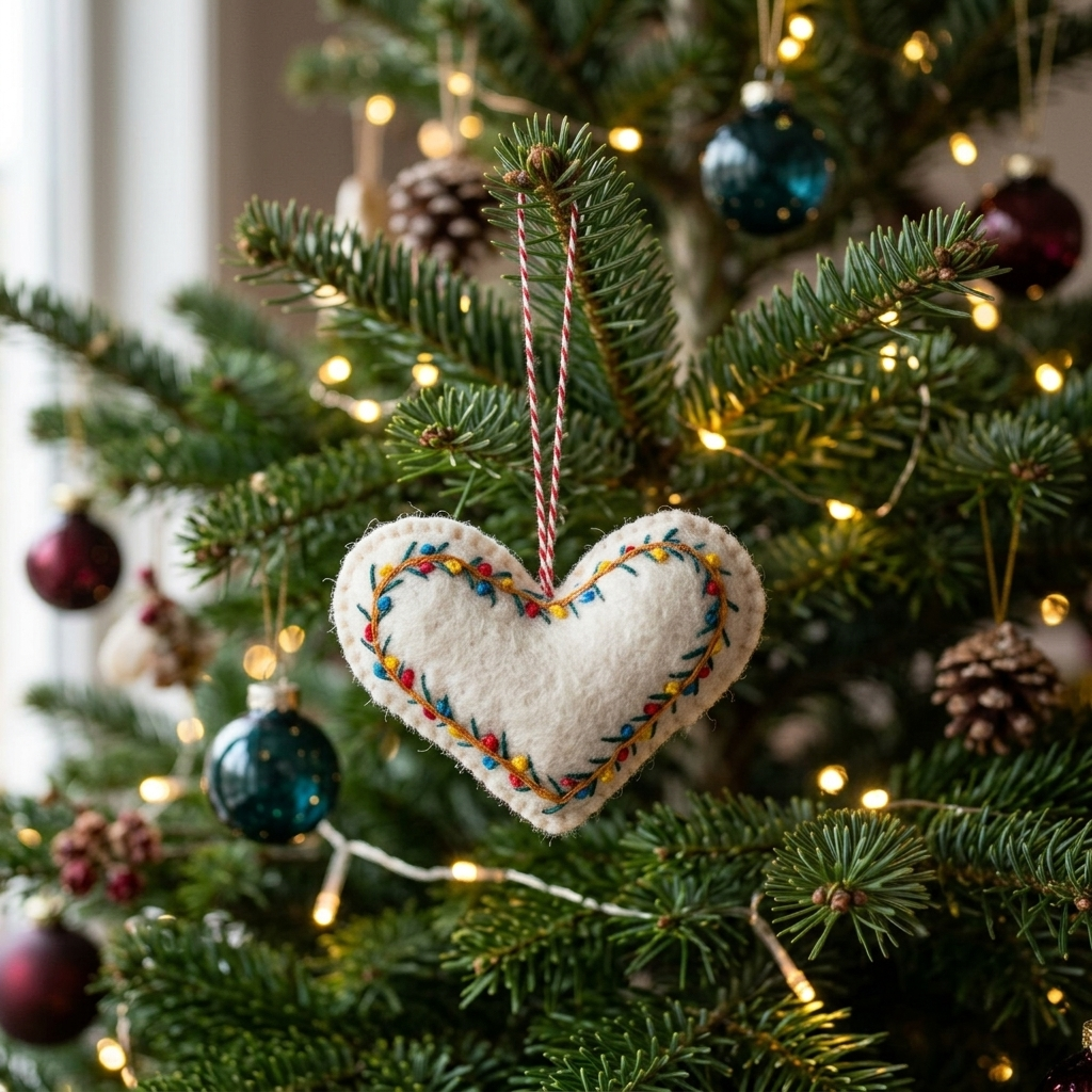 Namaste Artisans Embroidered Heart Wool Felt Christmas Ornament – Handmade & Shatterproof