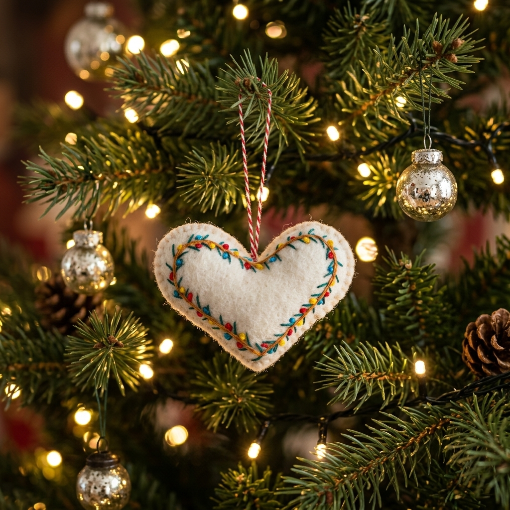 Namaste Artisans Embroidered Heart Wool Felt Christmas Ornament – Handmade & Shatterproof