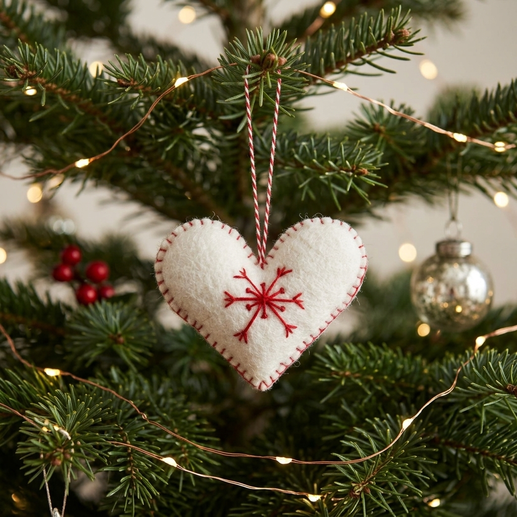 White Heart with Red Snowflake Wool Felt Ornament – Handmade & Shatterproof