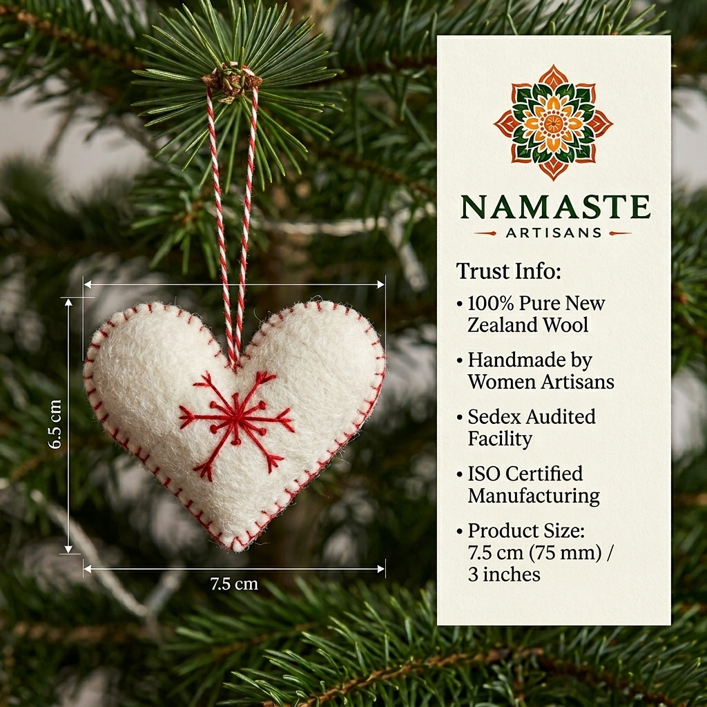 Namaste Artisans White Heart with Red Snowflake Wool Felt Ornament – Handmade & Shatterproof