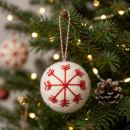 A cream-white 100% pure New Zealand wool felt Christmas bauble with a red embroidered snowflake, hanging by a red-and-white cotton loop on a tree with warm lights.

